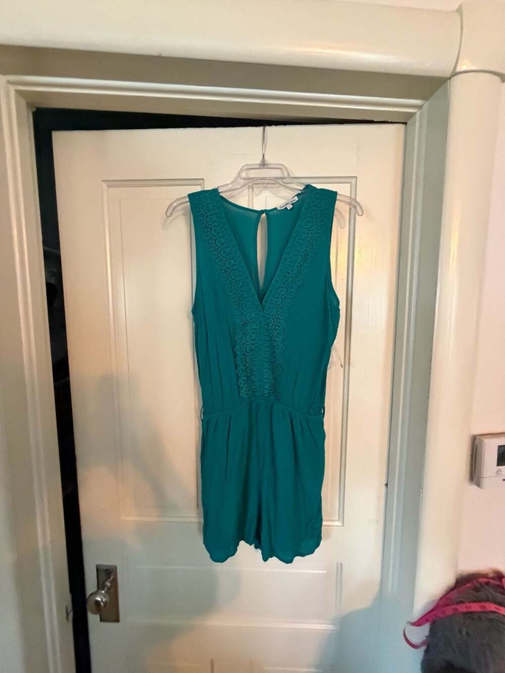 Charlotte Russe Romper Size S Teal Lace Trim V-Neck Rayon